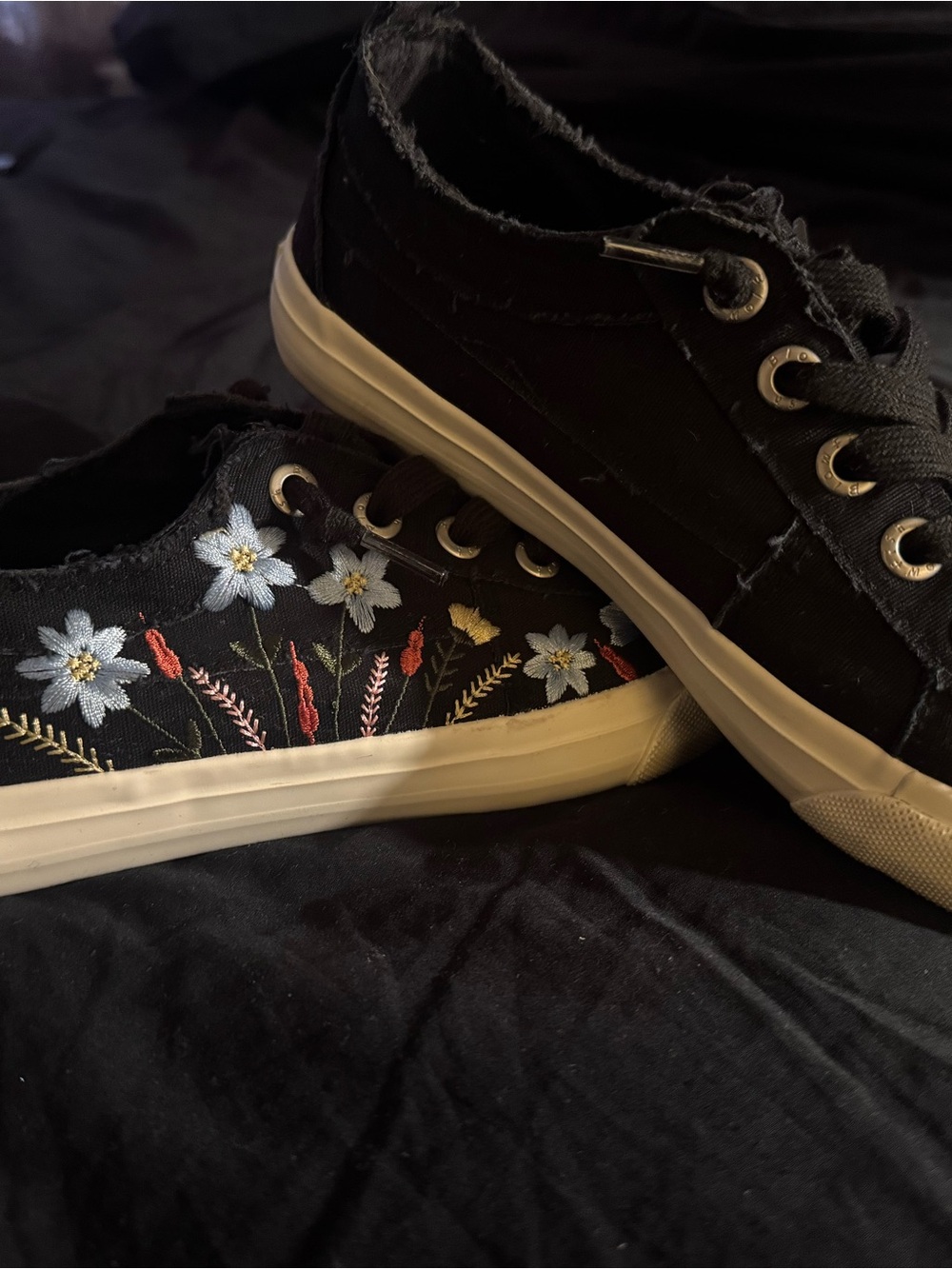 Black Floral Embroidered Canvas Sneakers for Women